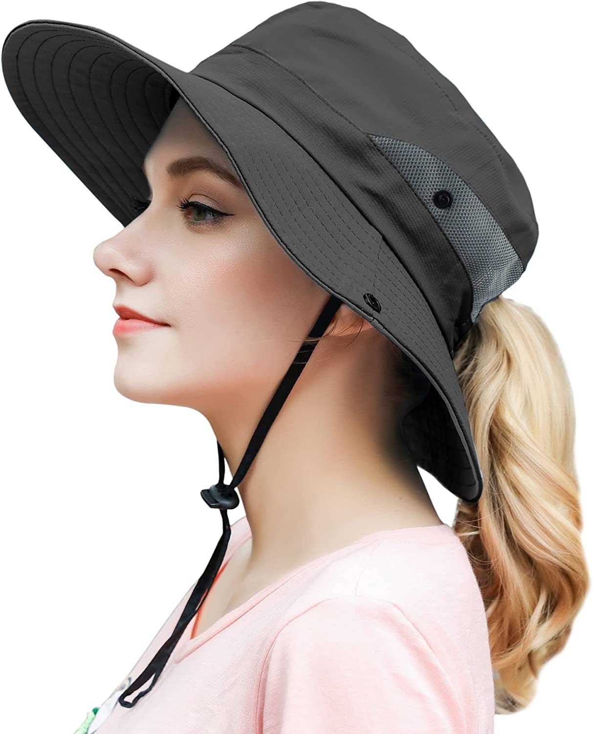 Womens Outdoor Summer Sun Hat UV Protection Wide Brim Foldable Fishing Hats with Ponytail Hole Apparel & Accessories > Clothing Accessories > Hats HICOSKY Grey  