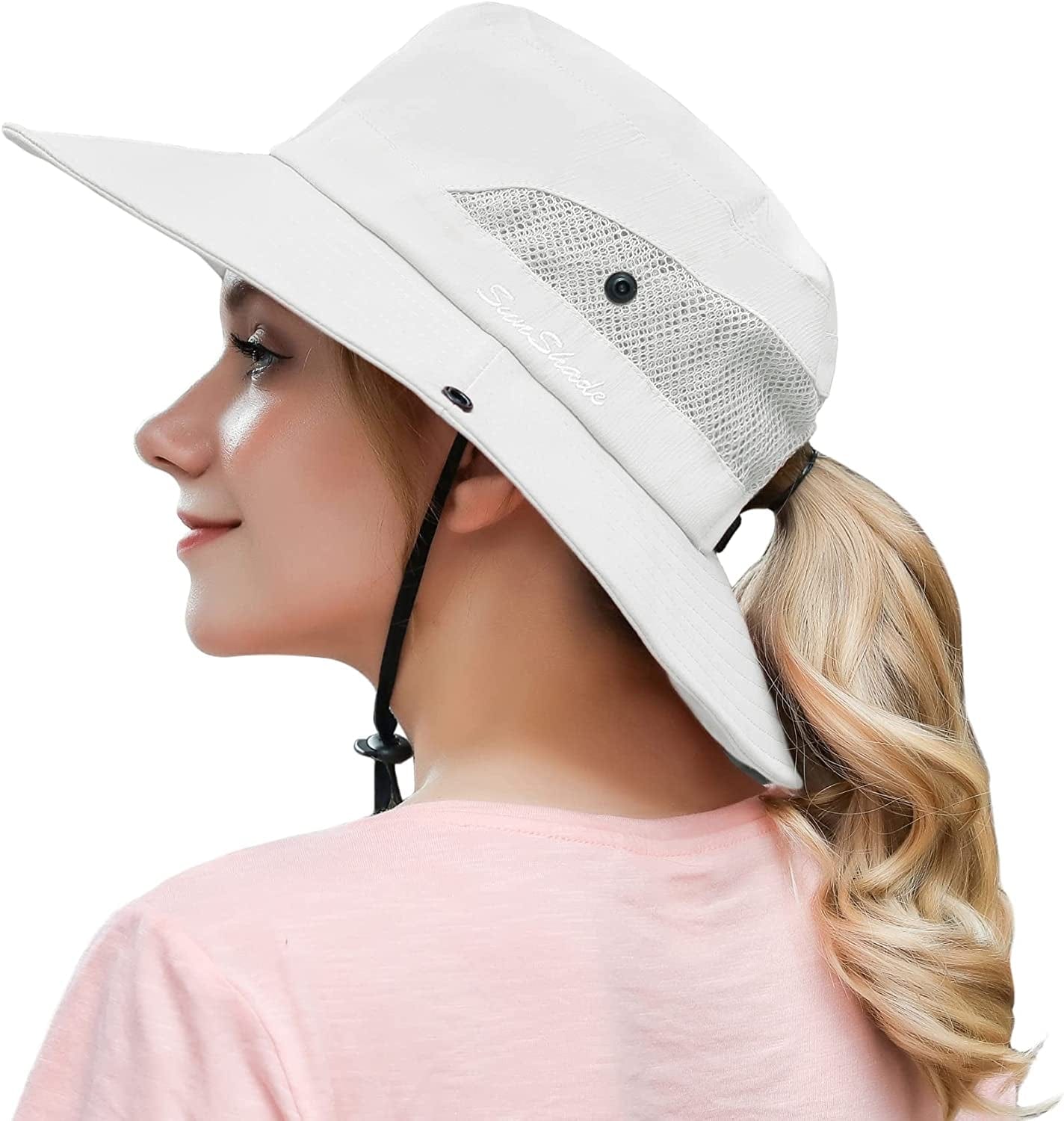 Womens Outdoor Summer Sun Hat UV Protection Wide Brim Foldable Fishing Hats with Ponytail Hole Apparel & Accessories > Clothing Accessories > Hats HICOSKY Pure Beige  