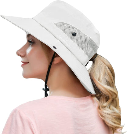Womens Outdoor Summer Sun Hat UV Protection Wide Brim Foldable Fishing Hats with Ponytail Hole Apparel & Accessories > Clothing Accessories > Hats HICOSKY Pure Beige  