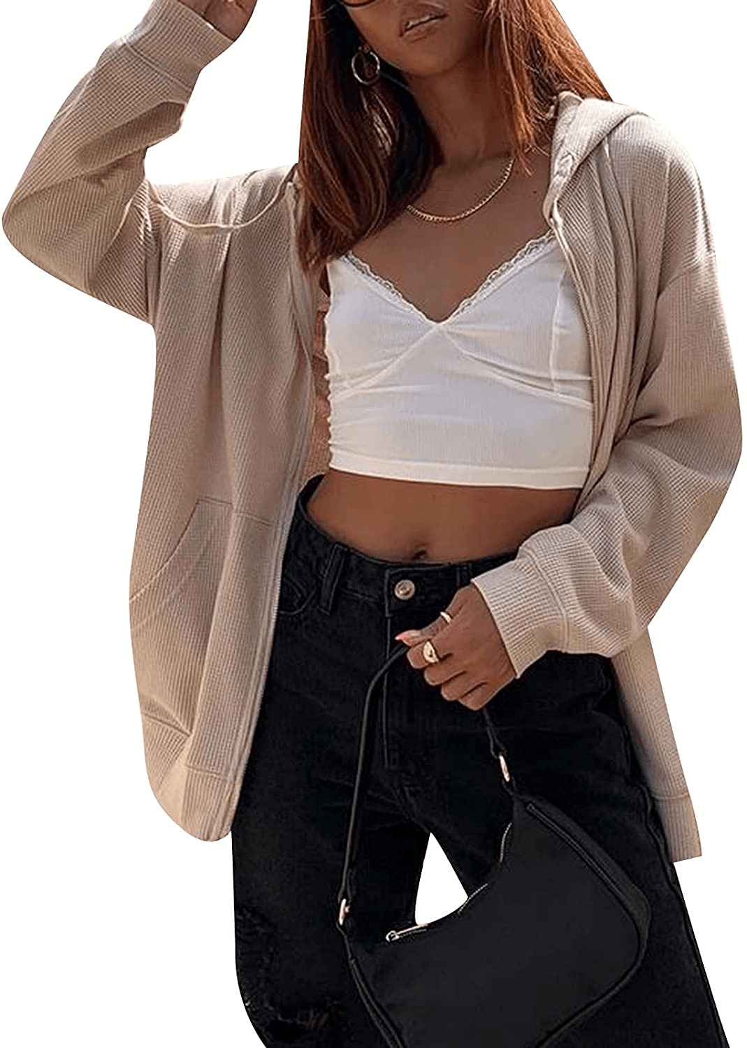 Womens Oversized Zip up Hoodie Baggy Loose Basic Zipper Hooded Sweatshirt Coat Y2K Jacket Apparel & Accessories > Clothing > Activewear Kylie Max   