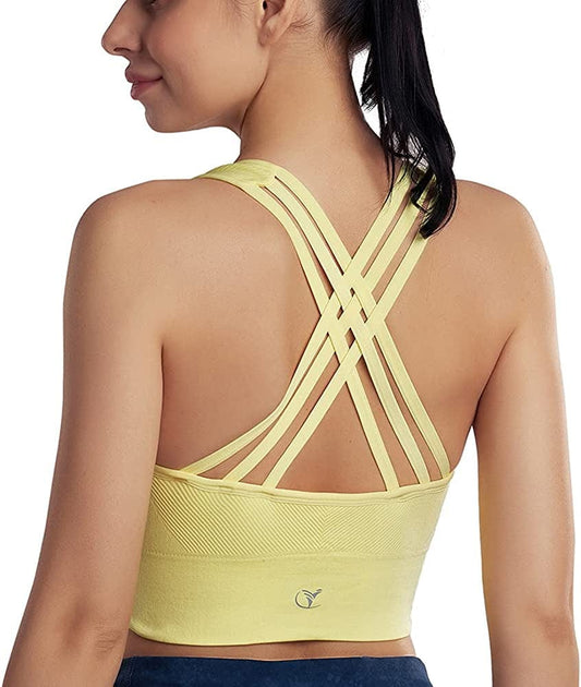 Womens Padded Strappy Sports Bra Medium Support Cross Back Workout Fitness Yoga Bra D-yellow / XX-Large