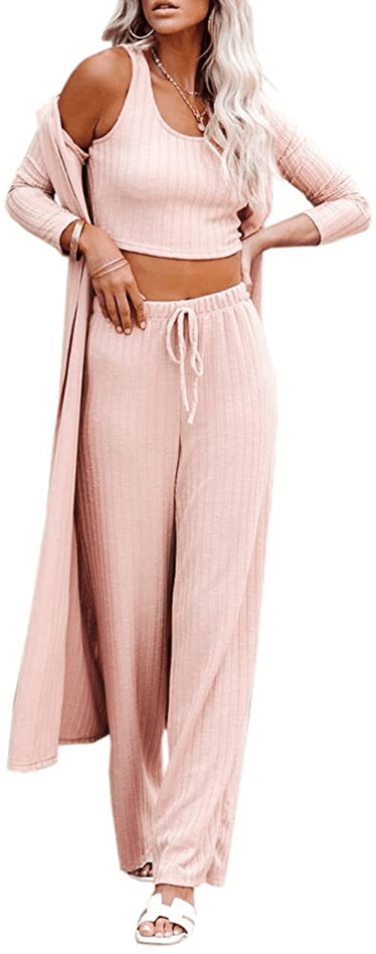 Womens Pajamas Set Fall Winter 3 Piece Loungewear Set Crop Vest Top Loose Pants and Cardigan Knitwear Jumpsuit Warm Apparel & Accessories > Clothing > Sleepwear & Loungewear Kylie Max   