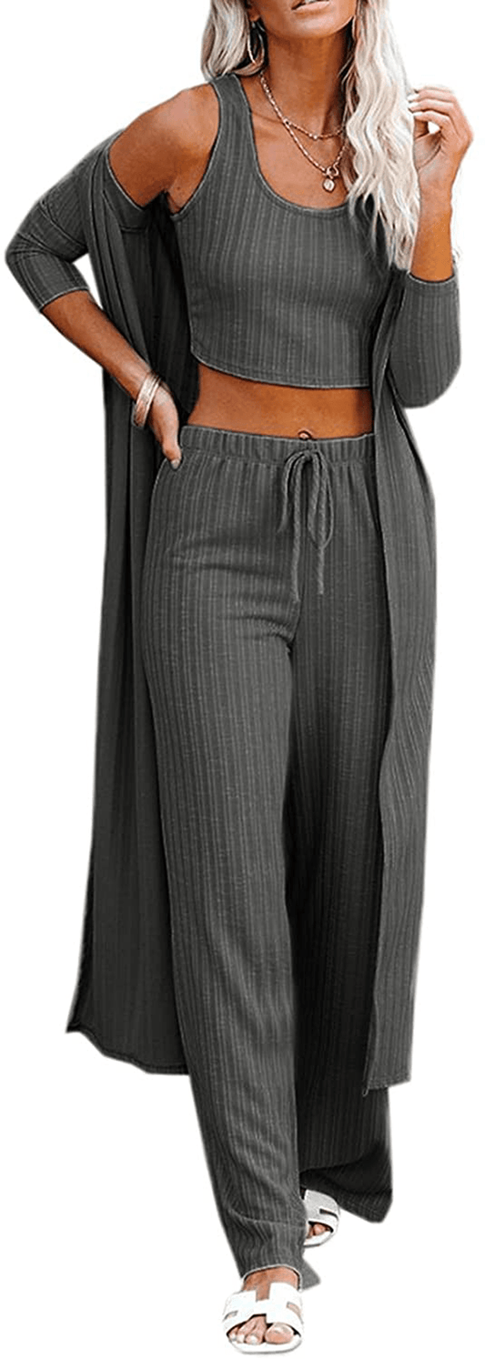 Womens Pajamas Set Fall Winter 3 Piece Loungewear Set Crop Vest Top Loose Pants and Cardigan Knitwear Jumpsuit Warm Apparel & Accessories > Clothing > Sleepwear & Loungewear Kylie Max   