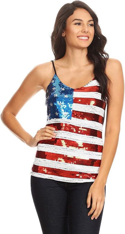 Womens Patriotic American USA Flag Sequin Cami Shirt Blouse Tank Top Tank Cami / Large