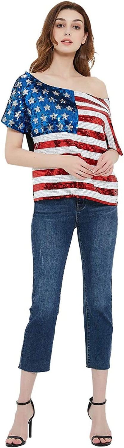 Womens Patriotic American USA Flag Sequin Cami Shirt Blouse Tank Top