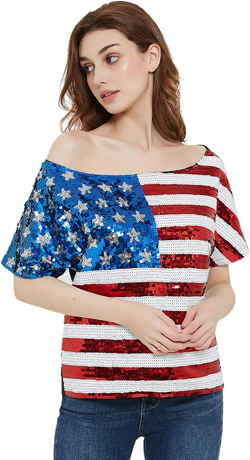 Womens Patriotic American USA Flag Sequin Cami Shirt Blouse Tank Top