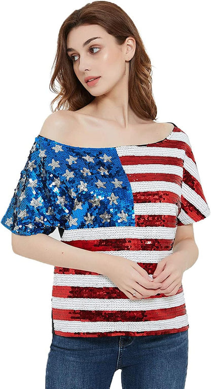 Womens Patriotic American USA Flag Sequin Cami Shirt Blouse Tank Top