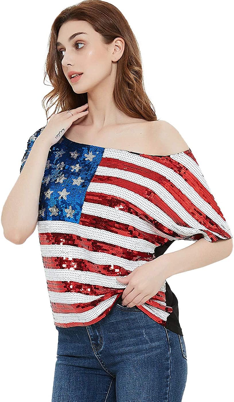 Womens Patriotic American USA Flag Sequin Cami Shirt Blouse Tank Top