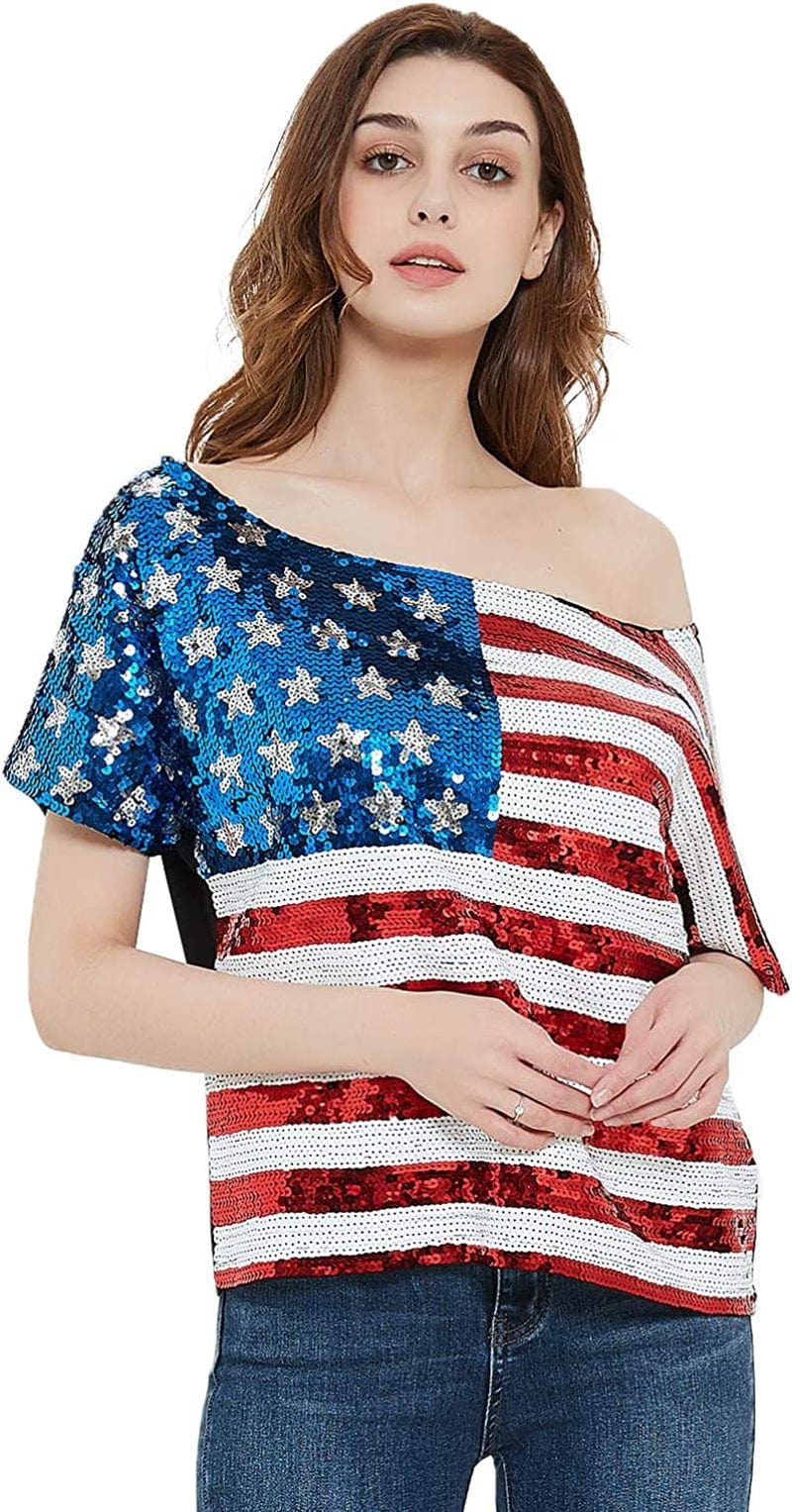 Womens Patriotic American USA Flag Sequin Cami Shirt Blouse Tank Top