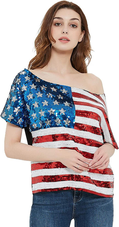 Womens Patriotic American USA Flag Sequin Cami Shirt Blouse Tank Top