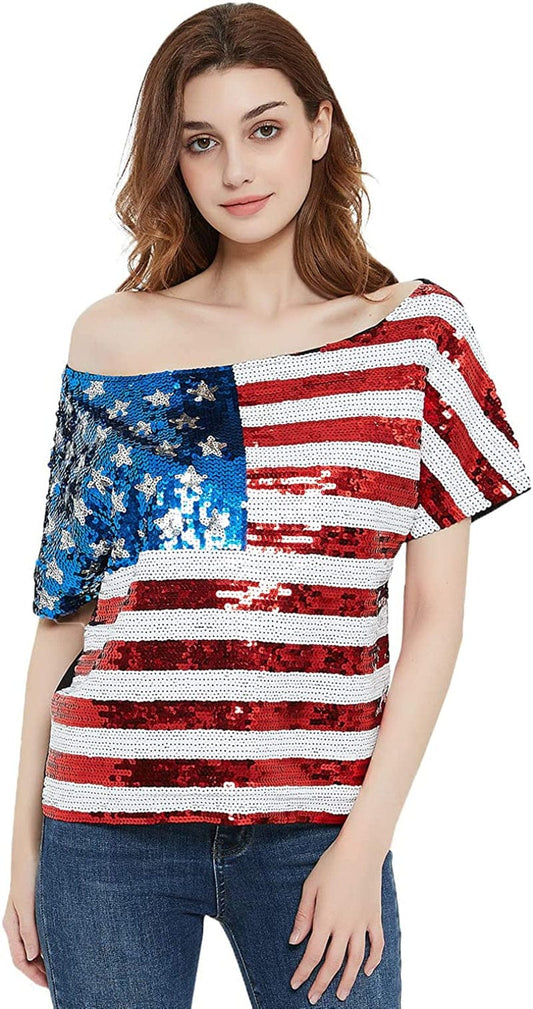 Womens Patriotic American USA Flag Sequin Cami Shirt Blouse Tank Top Off One Shoulder / Large