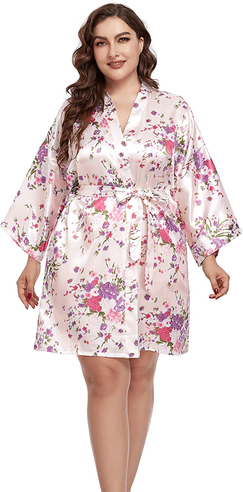 Womens plus Size Floral Robes Satin Kimono Lightweight Bathrobes Short Sleepwear Night Gown Cover Up Apparel & Accessories > Clothing > Sleepwear & Loungewear > Robes Teemie Pink 1X-2X 