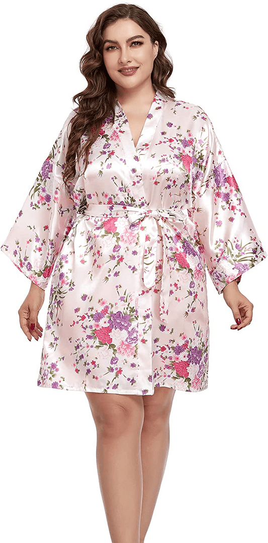 Womens plus Size Floral Robes Satin Kimono Lightweight Bathrobes Short Sleepwear Night Gown Cover Up Apparel & Accessories > Clothing > Sleepwear & Loungewear > Robes Teemie Pink 1X-2X 
