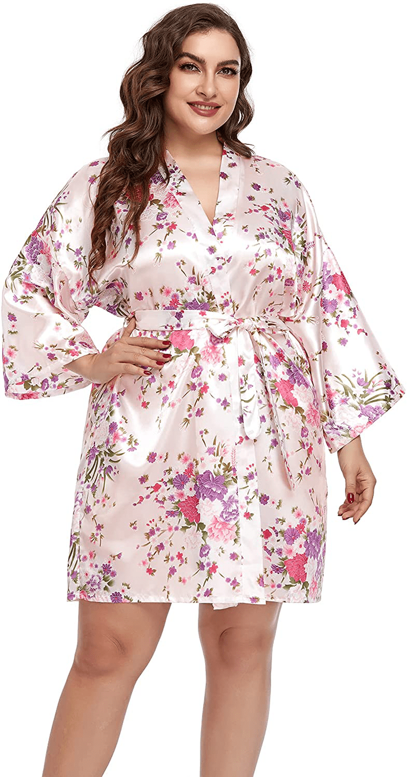 Womens plus Size Floral Robes Satin Kimono Lightweight Bathrobes Short Sleepwear Night Gown Cover Up Apparel & Accessories > Clothing > Sleepwear & Loungewear > Robes Teemie   