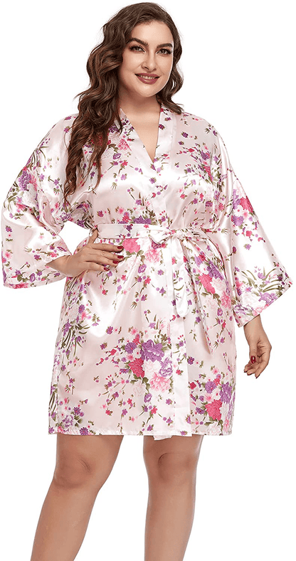 Womens plus Size Floral Robes Satin Kimono Lightweight Bathrobes Short Sleepwear Night Gown Cover Up Apparel & Accessories > Clothing > Sleepwear & Loungewear > Robes Teemie   