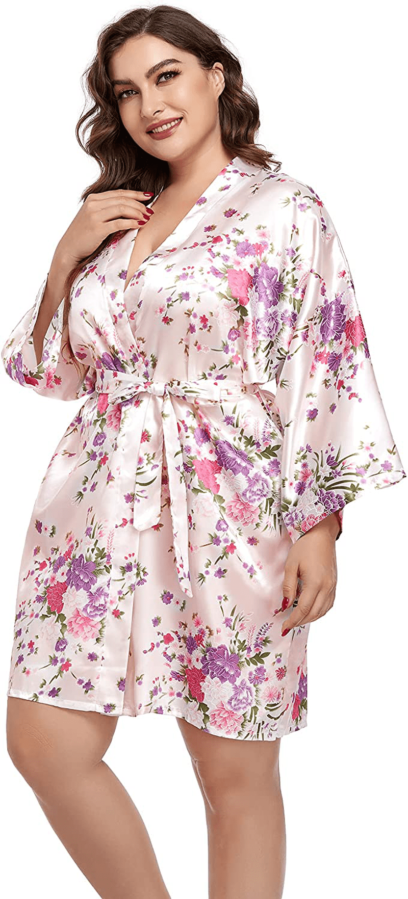 Womens plus Size Floral Robes Satin Kimono Lightweight Bathrobes Short Sleepwear Night Gown Cover Up Apparel & Accessories > Clothing > Sleepwear & Loungewear > Robes Teemie   