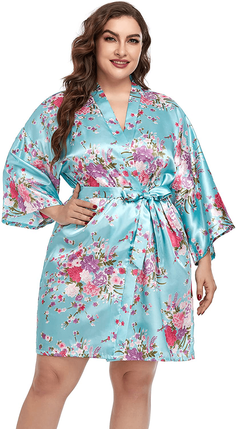 Womens plus Size Floral Robes Satin Kimono Lightweight Bathrobes Short Sleepwear Night Gown Cover Up Apparel & Accessories > Clothing > Sleepwear & Loungewear > Robes Teemie Light Blue 3X-4X 