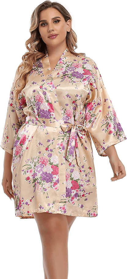 Womens plus Size Floral Robes Satin Kimono Lightweight Bathrobes Short Sleepwear Night Gown Cover Up Apparel & Accessories > Clothing > Sleepwear & Loungewear > Robes Teemie Champagne 1X-2X 