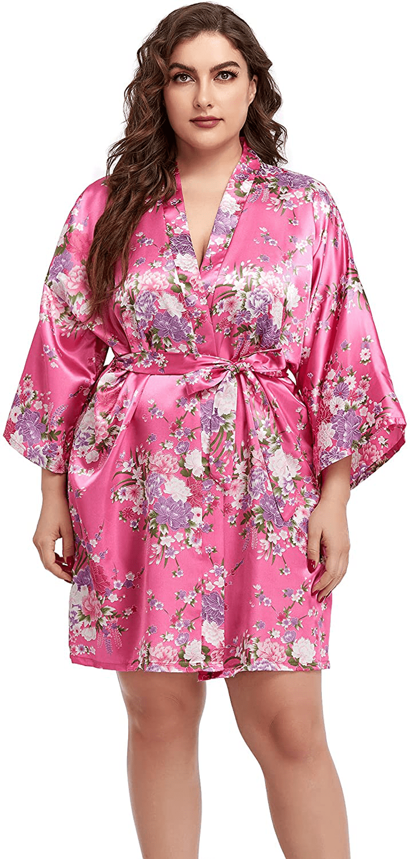 Womens plus Size Floral Robes Satin Kimono Lightweight Bathrobes Short Sleepwear Night Gown Cover Up Apparel & Accessories > Clothing > Sleepwear & Loungewear > Robes Teemie Rose Red 3X-4X 
