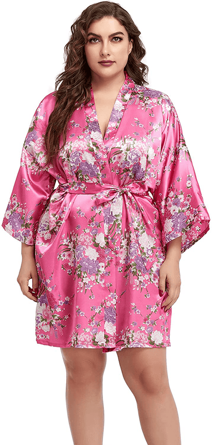 Womens plus Size Floral Robes Satin Kimono Lightweight Bathrobes Short Sleepwear Night Gown Cover Up Apparel & Accessories > Clothing > Sleepwear & Loungewear > Robes Teemie Rose Red 3X-4X 
