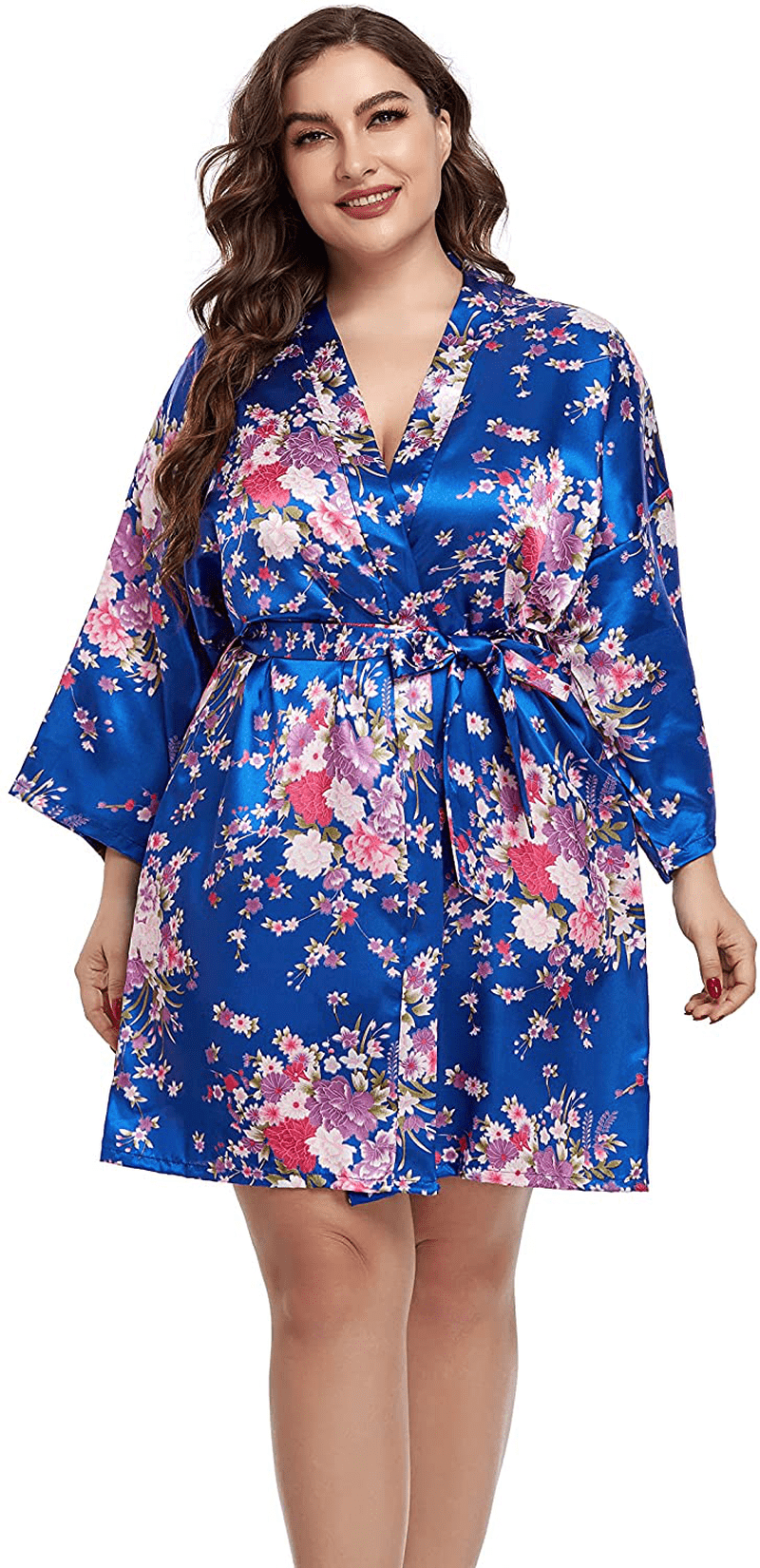 Womens plus Size Floral Robes Satin Kimono Lightweight Bathrobes Short Sleepwear Night Gown Cover Up Apparel & Accessories > Clothing > Sleepwear & Loungewear > Robes Teemie Sapphire 3X-4X 