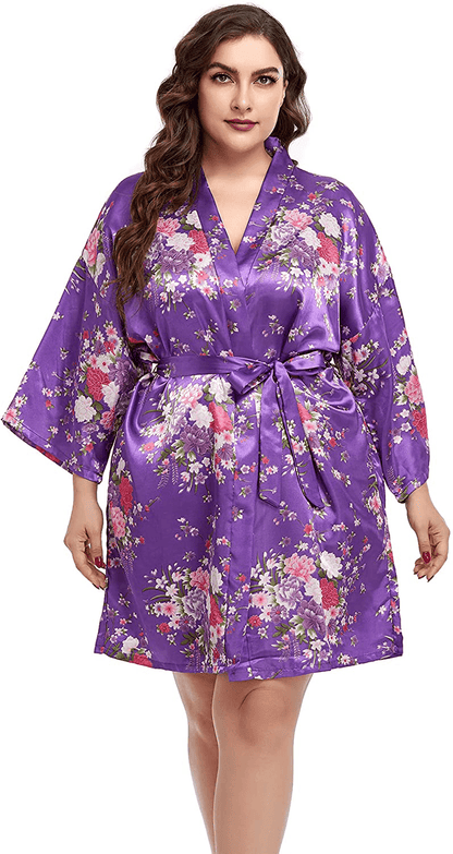 Womens plus Size Floral Robes Satin Kimono Lightweight Bathrobes Short Sleepwear Night Gown Cover Up Apparel & Accessories > Clothing > Sleepwear & Loungewear > Robes Teemie   