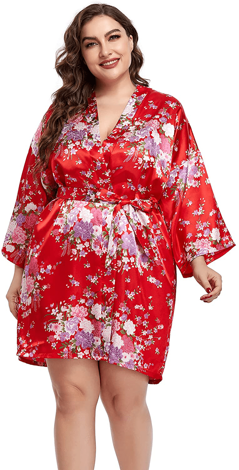 Womens plus Size Floral Robes Satin Kimono Lightweight Bathrobes Short Sleepwear Night Gown Cover Up Apparel & Accessories > Clothing > Sleepwear & Loungewear > Robes Teemie   