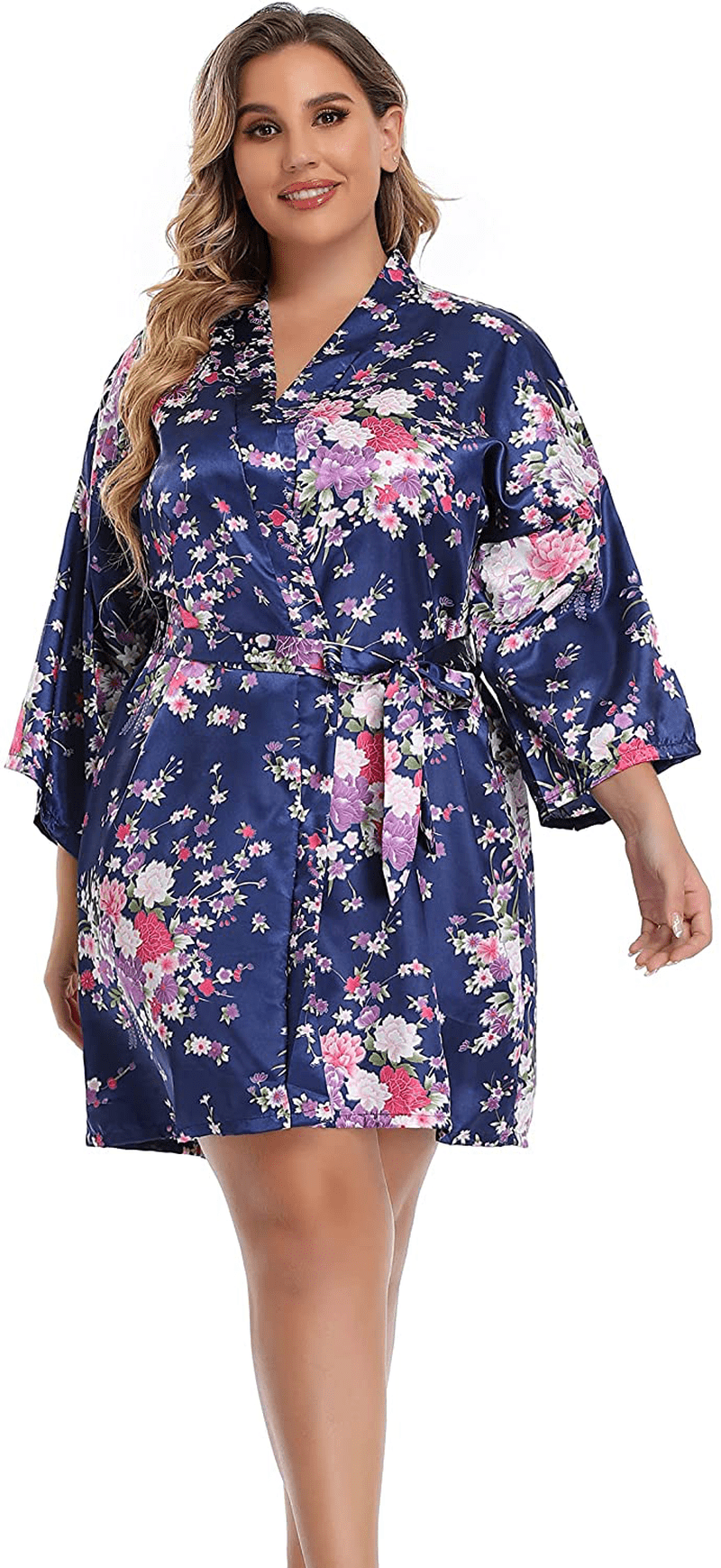 Womens plus Size Floral Robes Satin Kimono Lightweight Bathrobes Short Sleepwear Night Gown Cover Up Apparel & Accessories > Clothing > Sleepwear & Loungewear > Robes Teemie   
