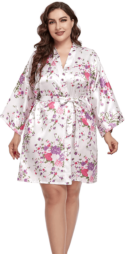 Womens plus Size Floral Robes Satin Kimono Lightweight Bathrobes Short Sleepwear Night Gown Cover Up Apparel & Accessories > Clothing > Sleepwear & Loungewear > Robes Teemie White 3X-4X 
