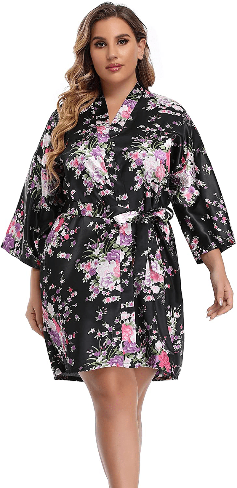 Womens plus Size Floral Robes Satin Kimono Lightweight Bathrobes Short Sleepwear Night Gown Cover Up Apparel & Accessories > Clothing > Sleepwear & Loungewear > Robes Teemie Black 3X-4X 
