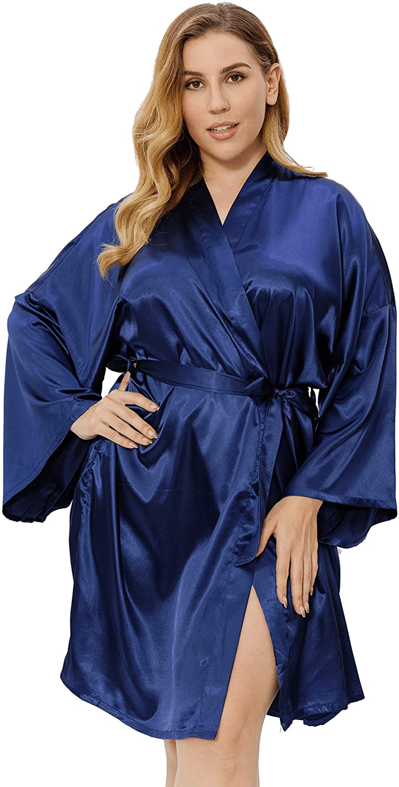 Womens plus Size Kimono Robes Silk Satin Short Wrap Bathrobe Sexy Lightweight Sleepwear Bridesmaid Bride Wedding Apparel & Accessories > Clothing > Sleepwear & Loungewear > Robes Valennia Navy 4X 