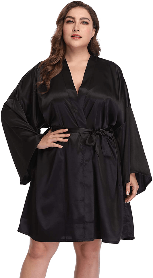 Womens plus Size Short Robes Satin Silky Kimono Bathrobes Lightweight Sleepwear Bridesmaid Party Apparel & Accessories > Clothing > Sleepwear & Loungewear > Robes Teemie Black 4X 