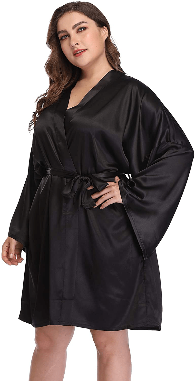 Womens plus Size Short Robes Satin Silky Kimono Bathrobes Lightweight Sleepwear Bridesmaid Party Apparel & Accessories > Clothing > Sleepwear & Loungewear > Robes Teemie   