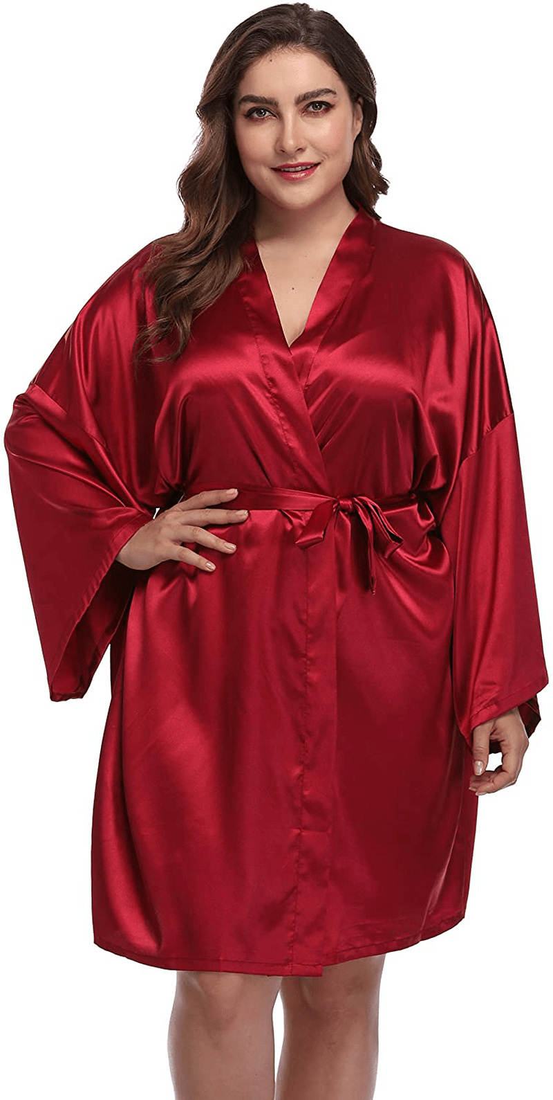Womens plus Size Short Robes Satin Silky Kimono Bathrobes Lightweight Sleepwear Bridesmaid Party Apparel & Accessories > Clothing > Sleepwear & Loungewear > Robes Teemie Wine 2X 
