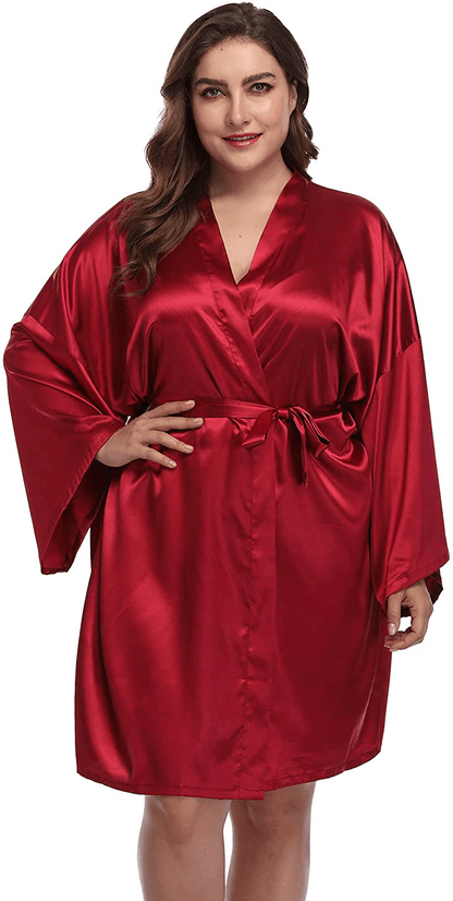 Womens plus Size Short Robes Satin Silky Kimono Bathrobes Lightweight Sleepwear Bridesmaid Party Apparel & Accessories > Clothing > Sleepwear & Loungewear > Robes Teemie Wine 2X 