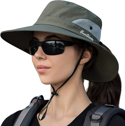 Womens Ponytail Sun Hat UV Protection Mesh Foldable Wide Brim Beach Fishing Hat Apparel & Accessories > Clothing Accessories > Hats HGGE Army Green  