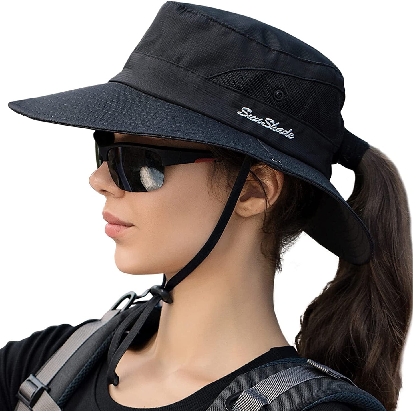 Womens Ponytail Sun Hat UV Protection Mesh Foldable Wide Brim Beach Fishing Hat Apparel & Accessories > Clothing Accessories > Hats HGGE Pure Black  