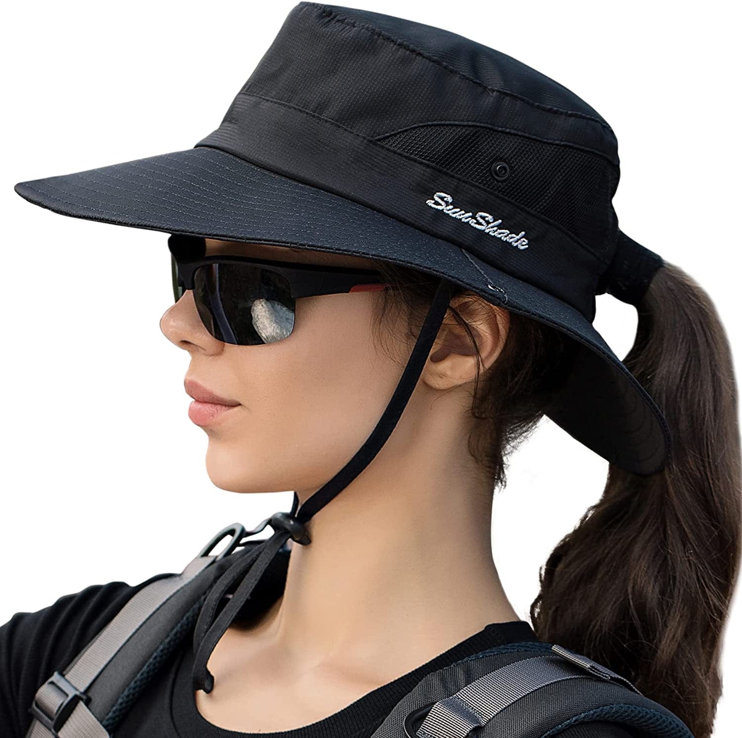 Womens Ponytail Sun Hat UV Protection Mesh Foldable Wide Brim Beach Fishing Hat Apparel & Accessories > Clothing Accessories > Hats HGGE Pure Black  