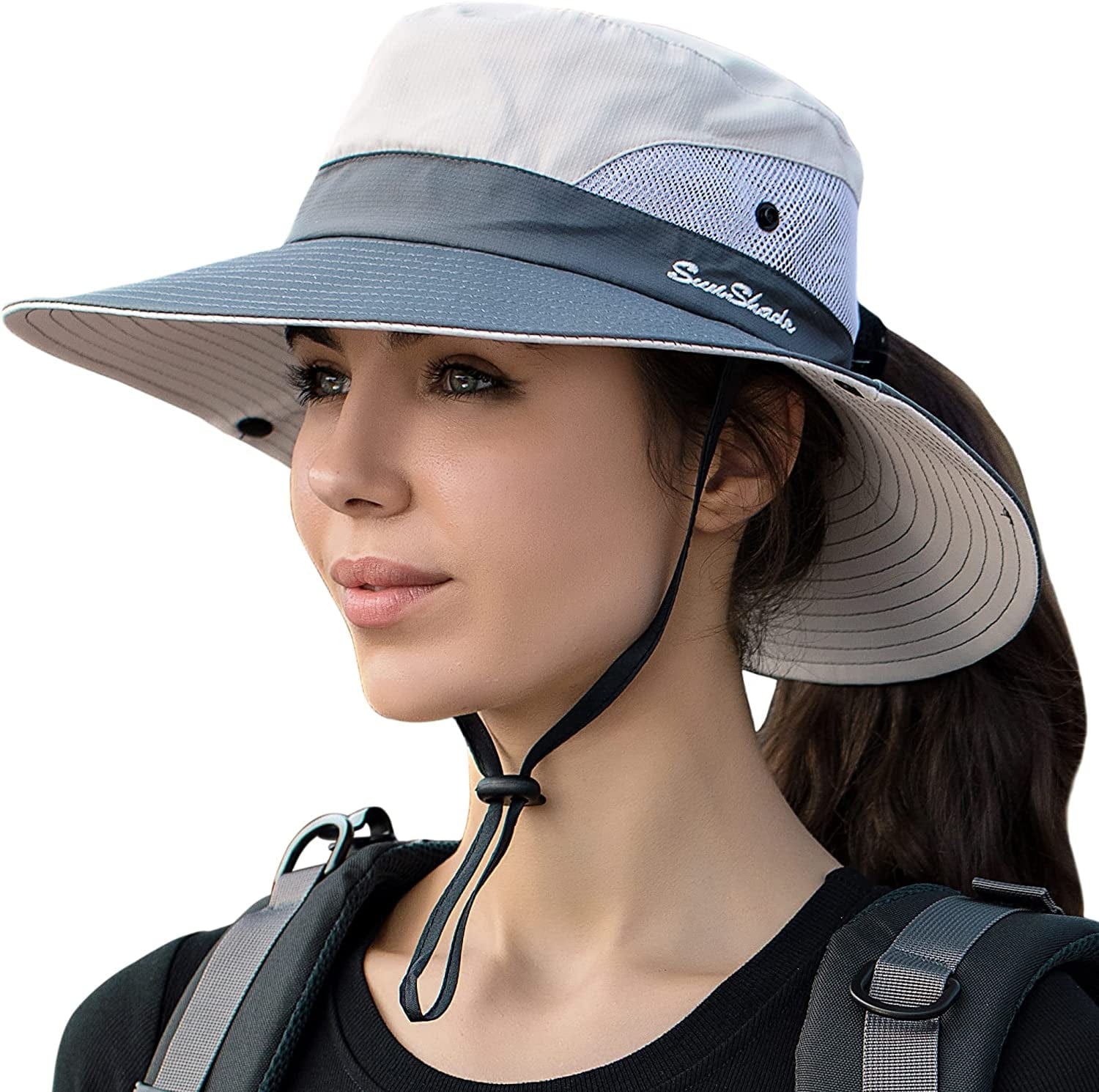 Womens Ponytail Sun Hat UV Protection Mesh Foldable Wide Brim Beach Fishing Hat Apparel & Accessories > Clothing Accessories > Hats HGGE Beige  