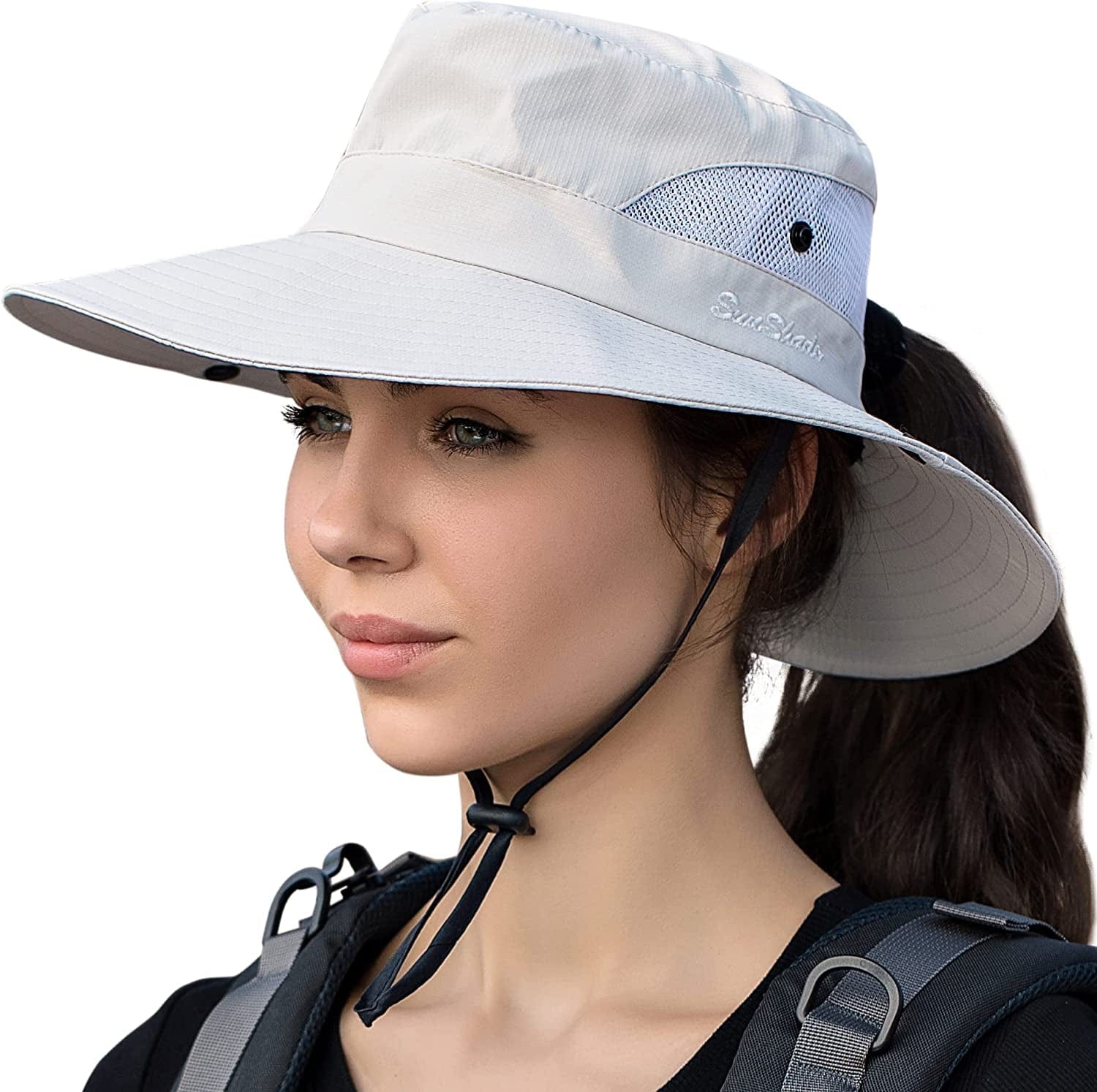 Womens Ponytail Sun Hat UV Protection Mesh Foldable Wide Brim Beach Fishing Hat Apparel & Accessories > Clothing Accessories > Hats HGGE Pure Beige  