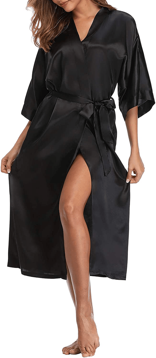 Womens Pure Color Long Satin Bathrobe Kimono Nightgown Long Dress Gown Apparel & Accessories > Clothing > Sleepwear & Loungewear > Robes sunshinemall Black Large 