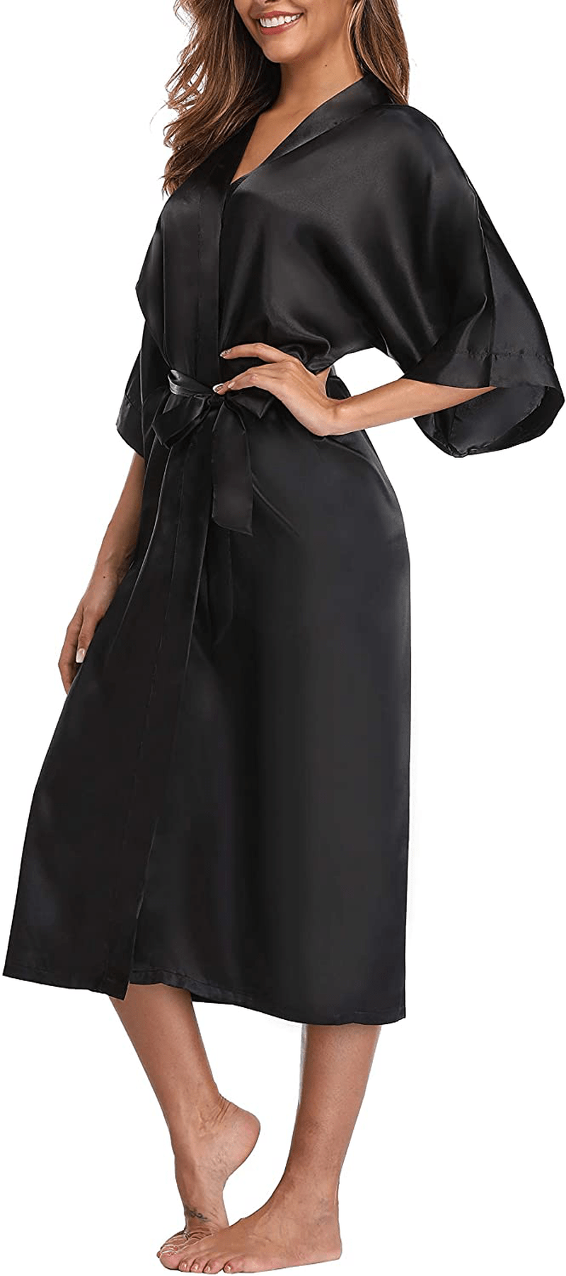 Womens Pure Color Long Satin Bathrobe Kimono Nightgown Long Dress Gown Apparel & Accessories > Clothing > Sleepwear & Loungewear > Robes sunshinemall   