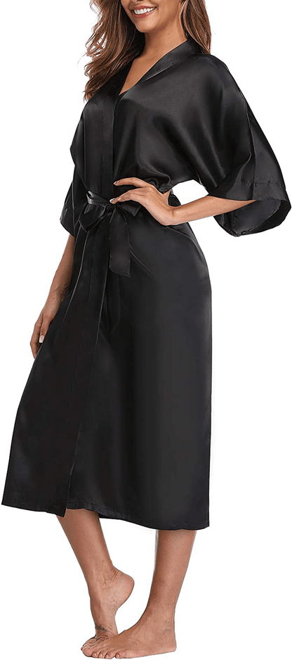 Womens Pure Color Long Satin Bathrobe Kimono Nightgown Long Dress Gown Apparel & Accessories > Clothing > Sleepwear & Loungewear > Robes sunshinemall   