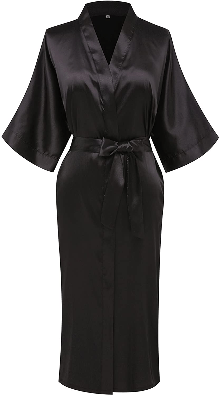 Womens Pure Color Long Satin Bathrobe Kimono Nightgown Long Dress Gown Apparel & Accessories > Clothing > Sleepwear & Loungewear > Robes sunshinemall   