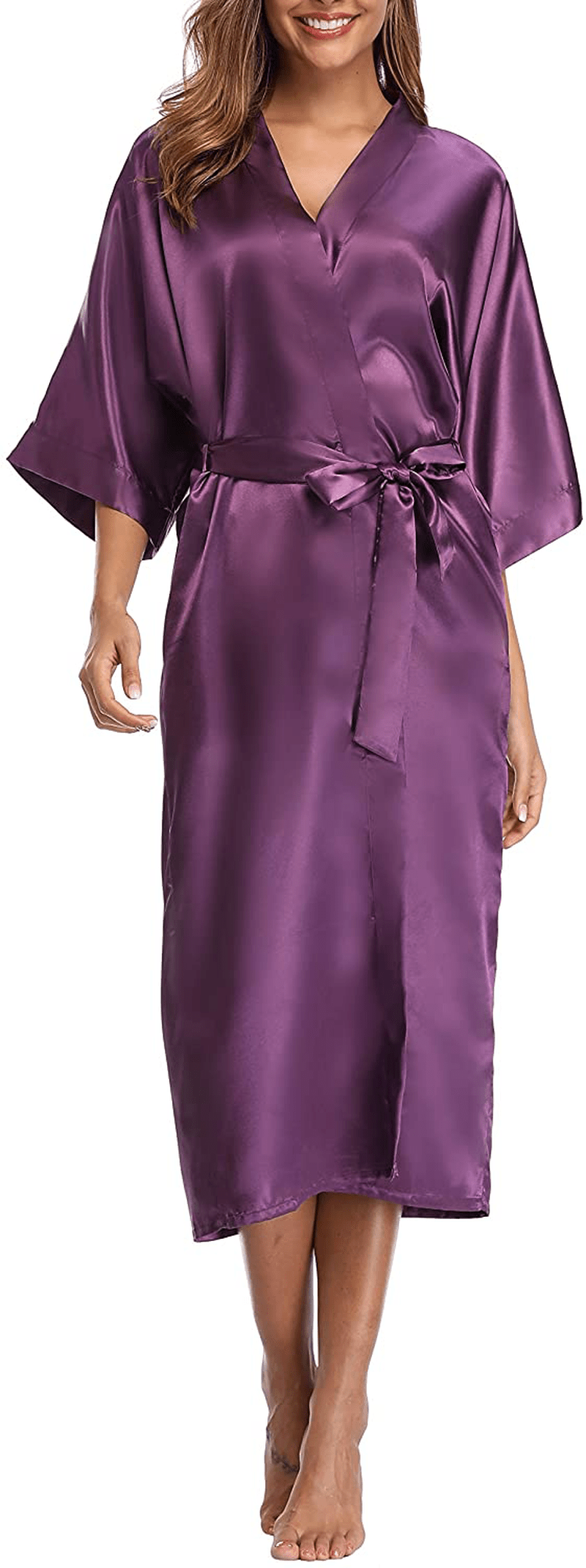 Womens Pure Color Long Satin Bathrobe Kimono Nightgown Long Dress Gown Apparel & Accessories > Clothing > Sleepwear & Loungewear > Robes sunshinemall Purple Small 
