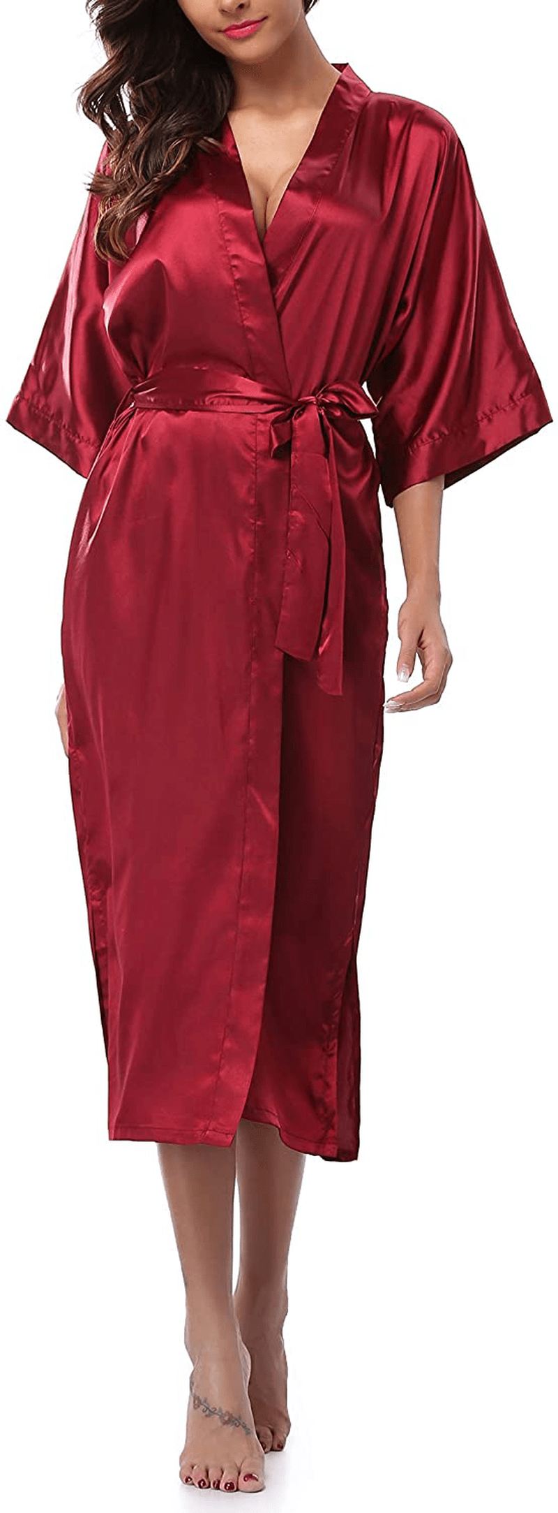 Womens Pure Color Long Satin Bathrobe Kimono Nightgown Long Dress Gown Apparel & Accessories > Clothing > Sleepwear & Loungewear > Robes sunshinemall Burgundy Large 