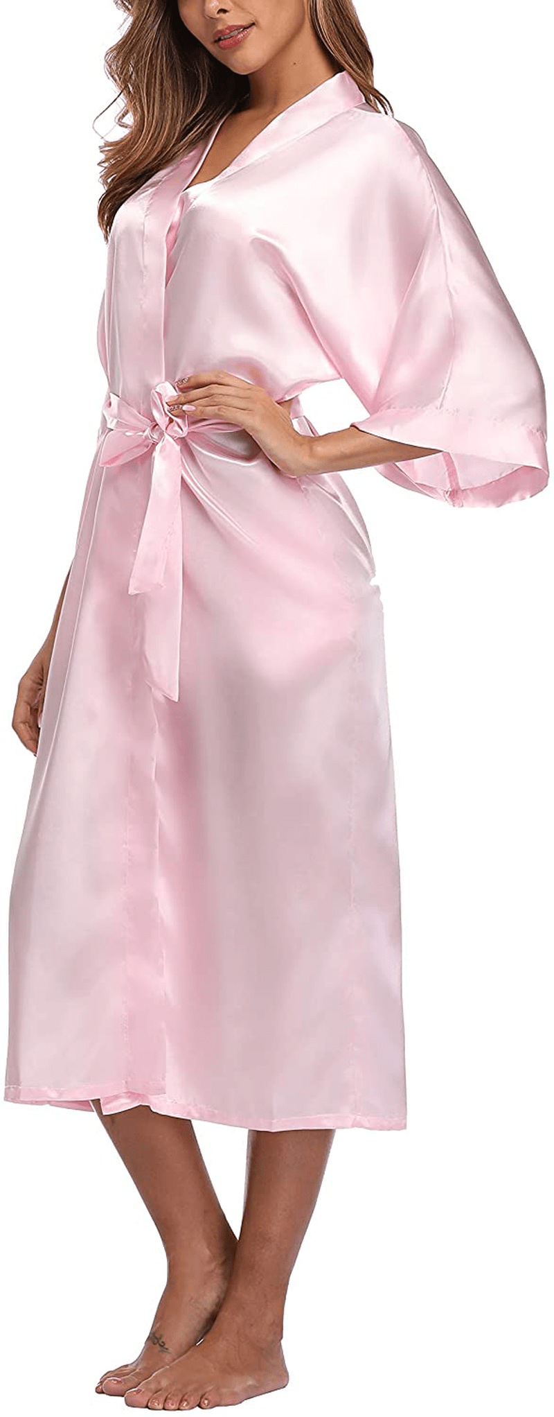 Womens Pure Color Long Satin Bathrobe Kimono Nightgown Long Dress Gown Apparel & Accessories > Clothing > Sleepwear & Loungewear > Robes sunshinemall Pink X-Large 