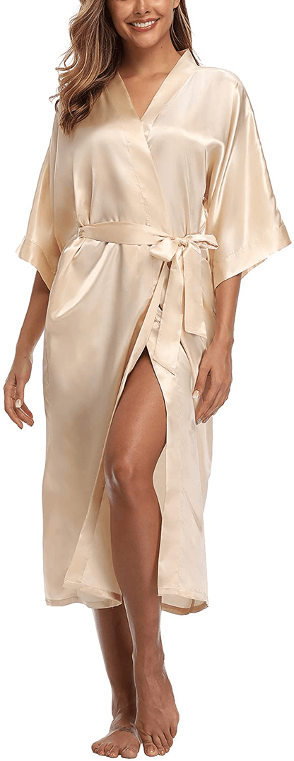 Womens Pure Color Long Satin Bathrobe Kimono Nightgown Long Dress Gown Apparel & Accessories > Clothing > Sleepwear & Loungewear > Robes sunshinemall Champagne Large 