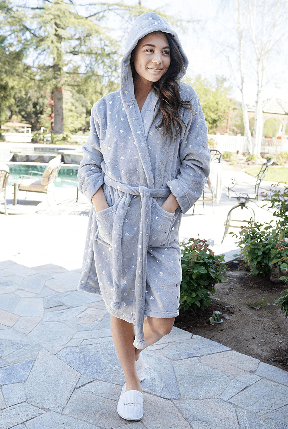 Womens Robe Luxurious Hooded Flannel Fleece Short Bath Robe with Side Pockets Apparel & Accessories > Clothing > Sleepwear & Loungewear > Robes Kylie Max   