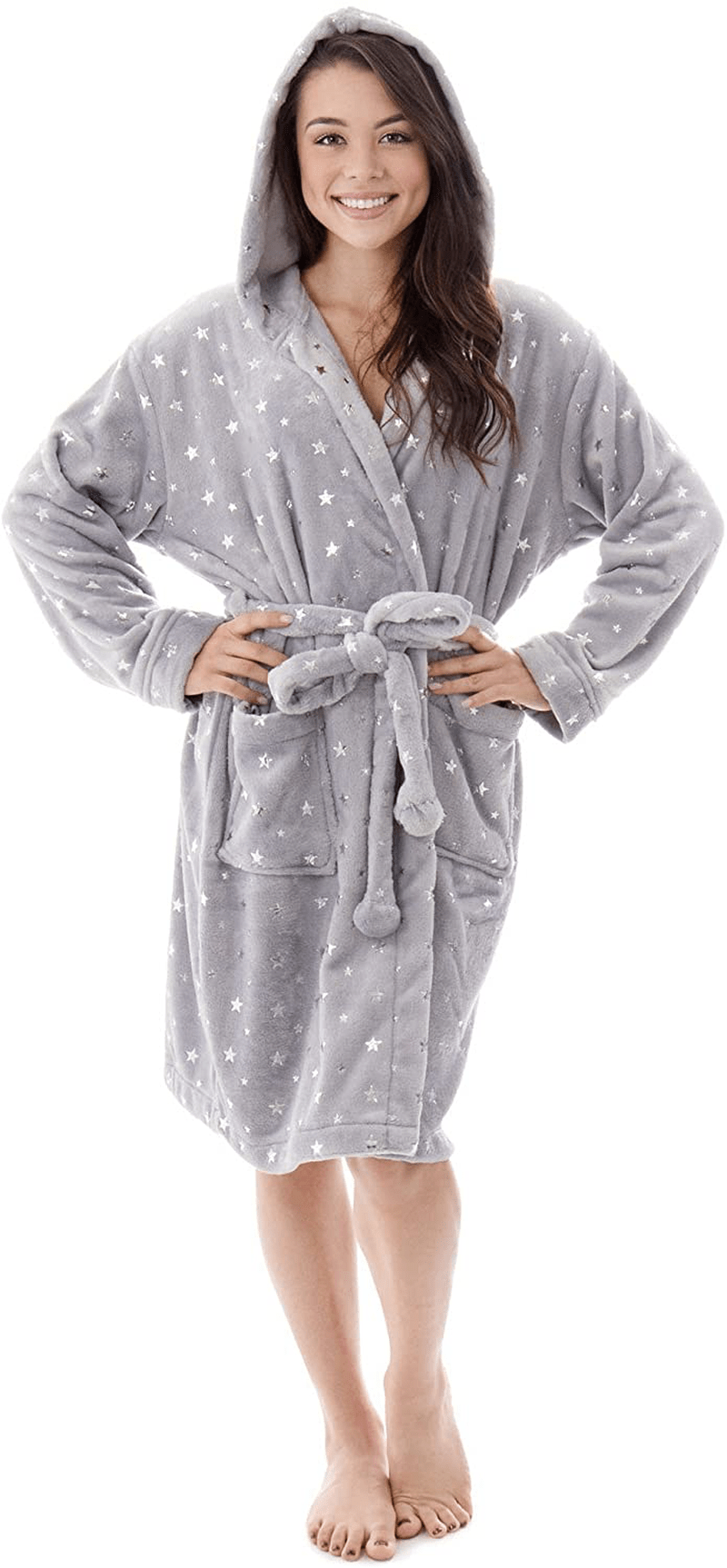 Womens Robe Luxurious Hooded Flannel Fleece Short Bath Robe with Side Pockets Apparel & Accessories > Clothing > Sleepwear & Loungewear > Robes Kylie Max   